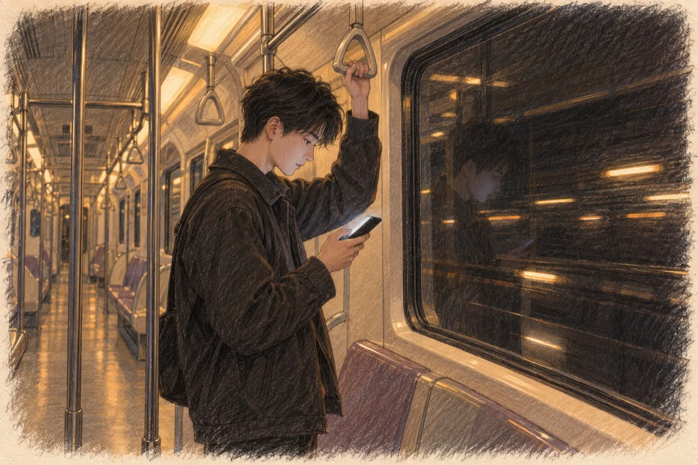 彩铅插画:夜晚的地铁车厢里,年轻男子拉着吊环低头看手机,屏幕的冷光照在脸上