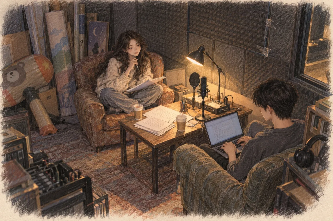 彩铅插画:深夜的广播台录音室,两把旧软椅相对,女生看稿,男生打字