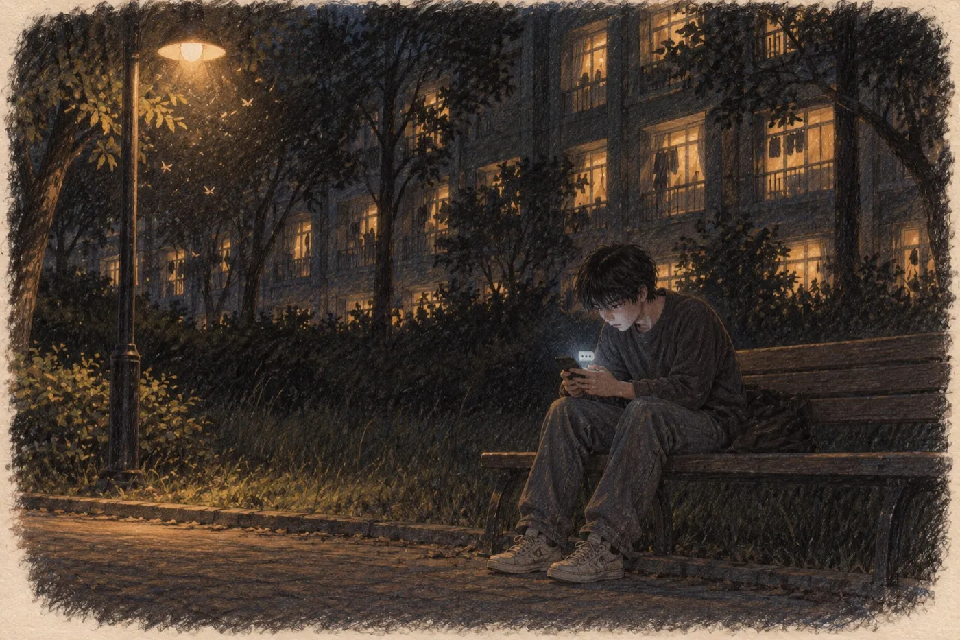 彩铅插画:夏夜宿舍楼后的长椅上,男生独自低头盯着发光的手机
