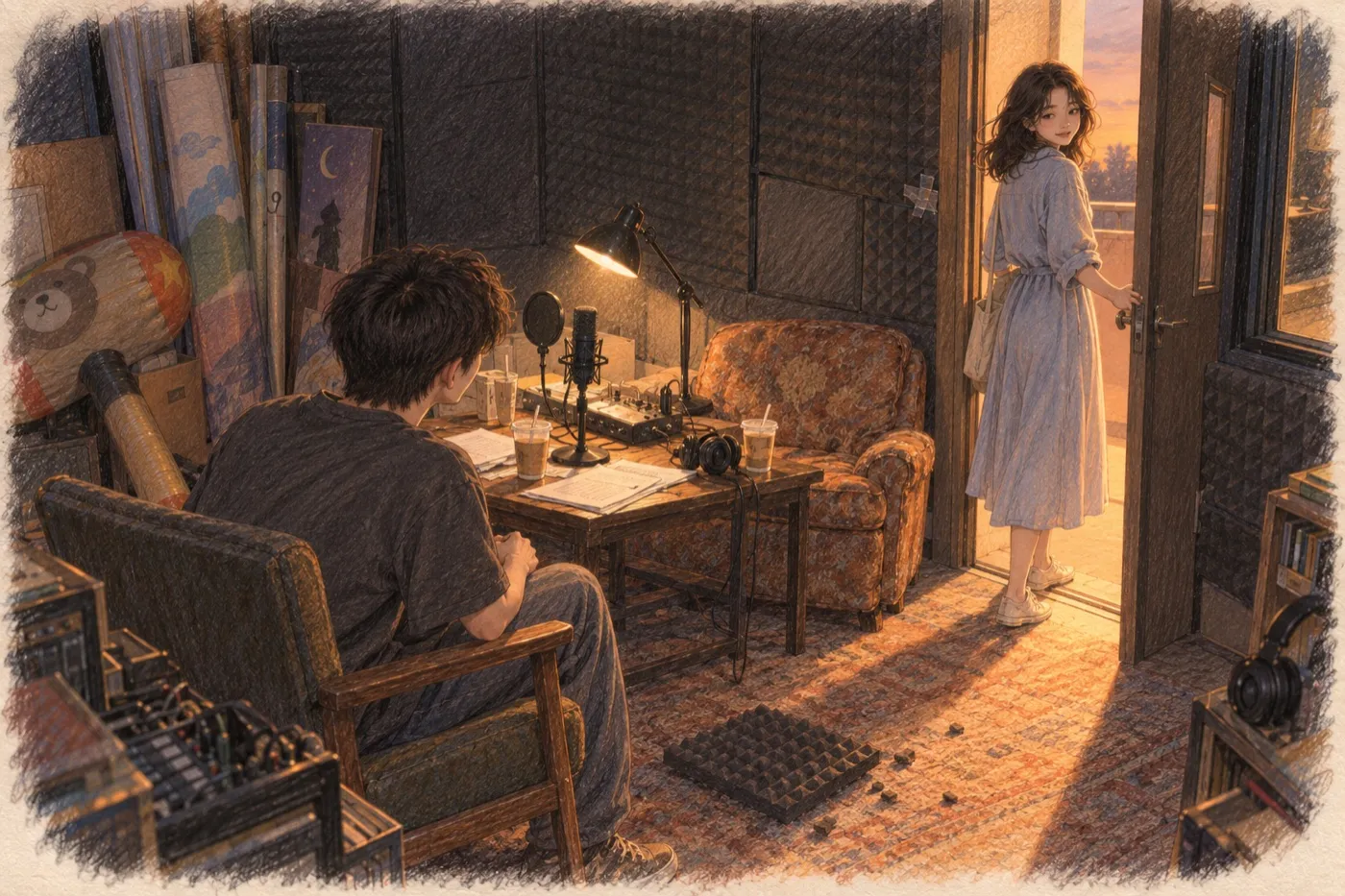 彩铅插画:傍晚的录音室,男生坐在椅子上望向门口,穿浅蓝衬衫裙的女生扶着门回头