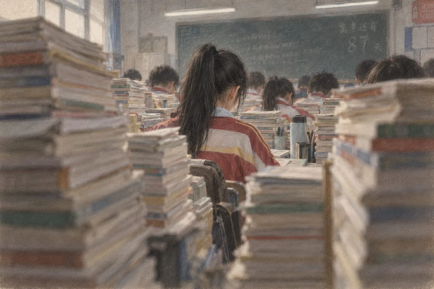 彩铅插画:书墙缝里的马尾