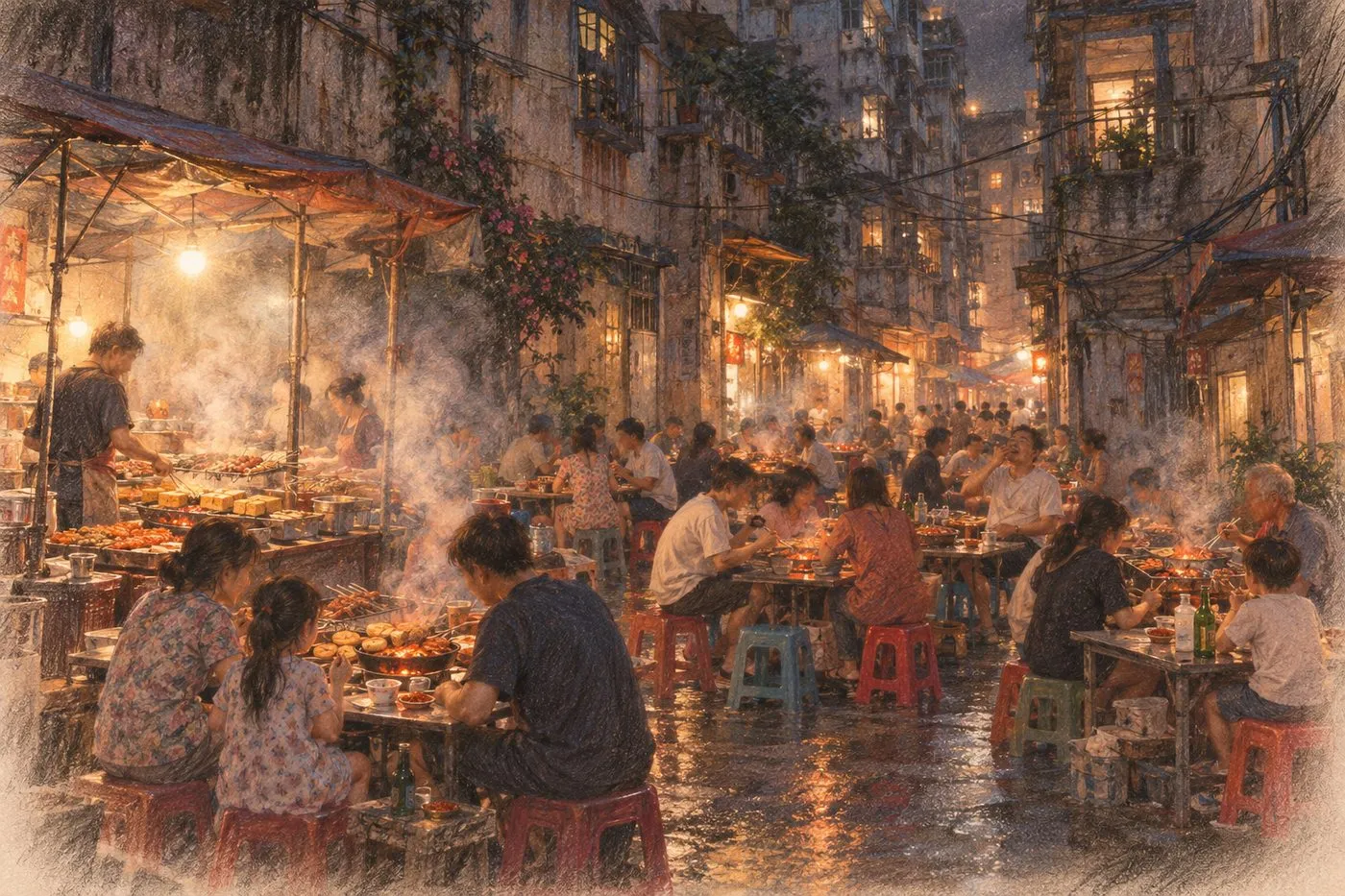 彩铅插画:巷子口的烧烤摊