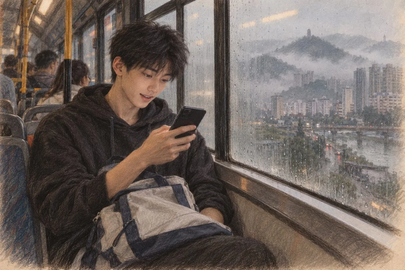 彩铅插画:补习班路上的公交