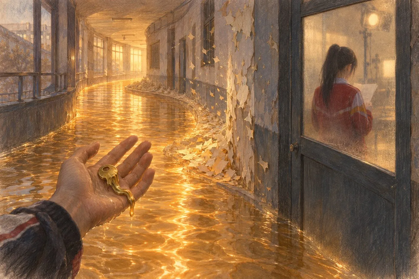 彩铅插画:橘黄色的河湾走廊