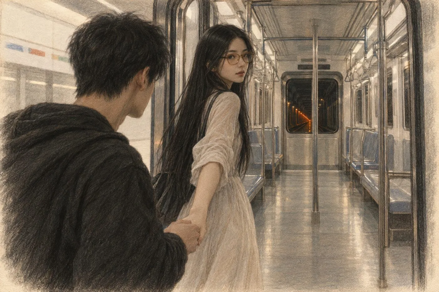 彩铅插画:一站不停的地铁