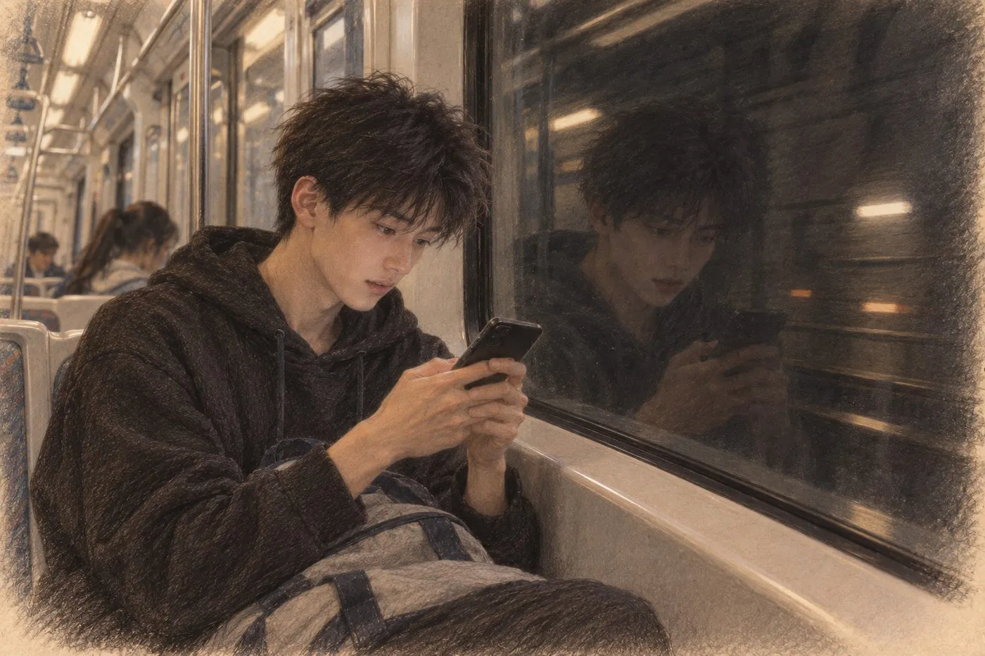 彩铅插画:车窗倒影