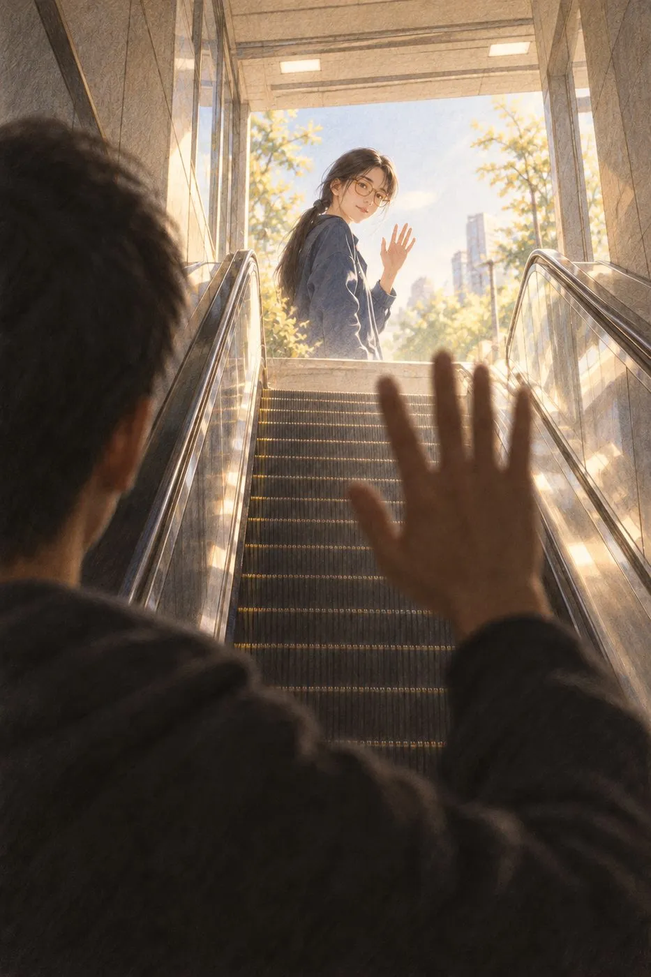 彩铅插画:下行的扶梯
