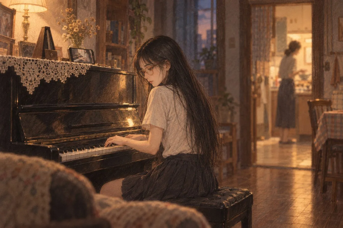 彩铅插画:琴盖上的手机