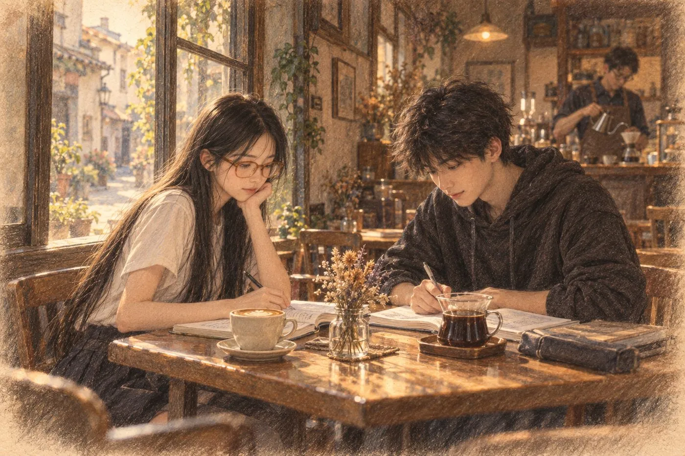 彩铅插画:老城区的咖啡馆