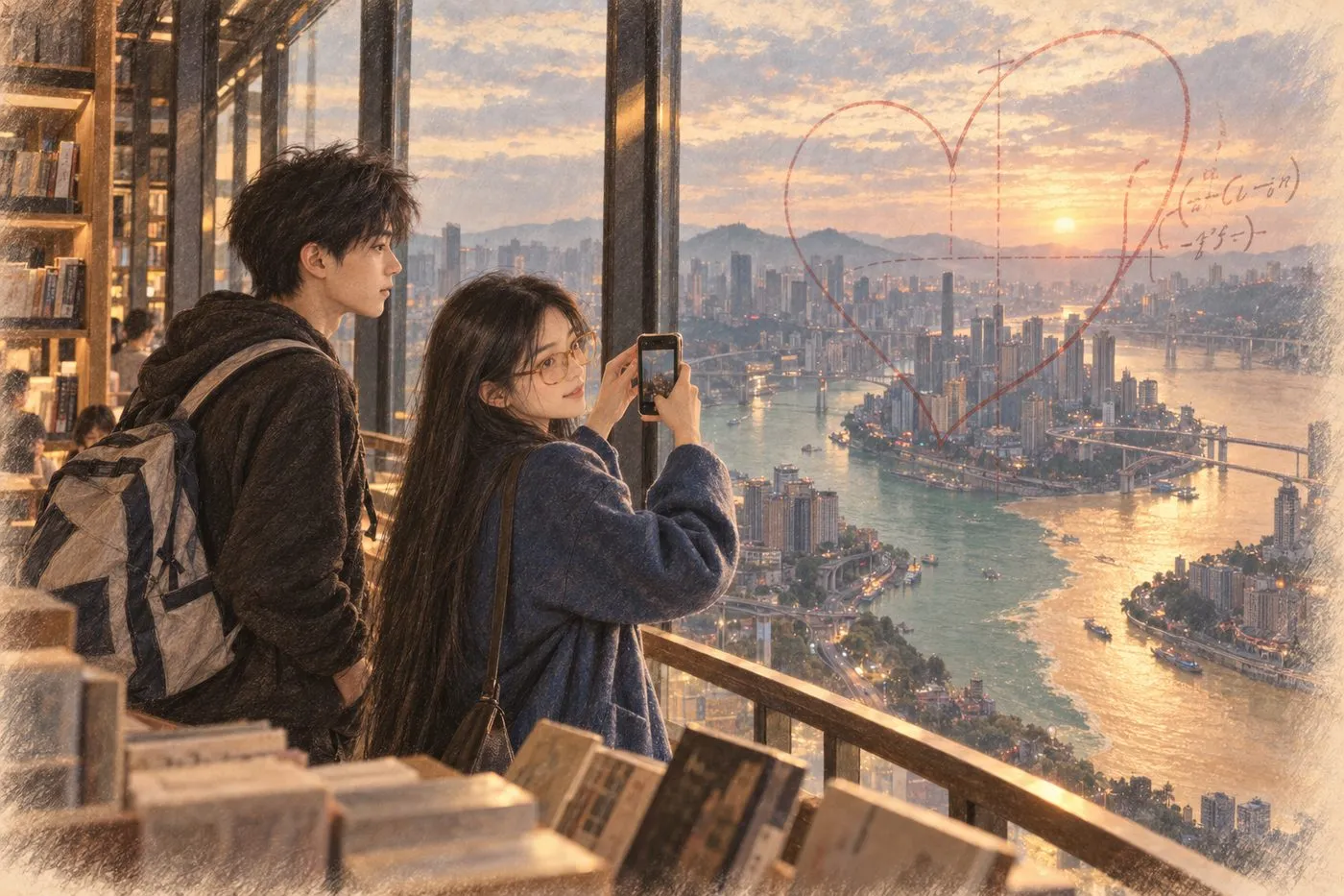 彩铅插画:重庆书店的心形线