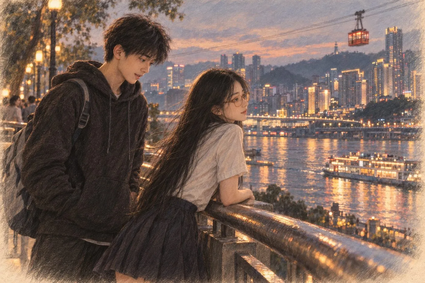 彩铅插画:江边的三次