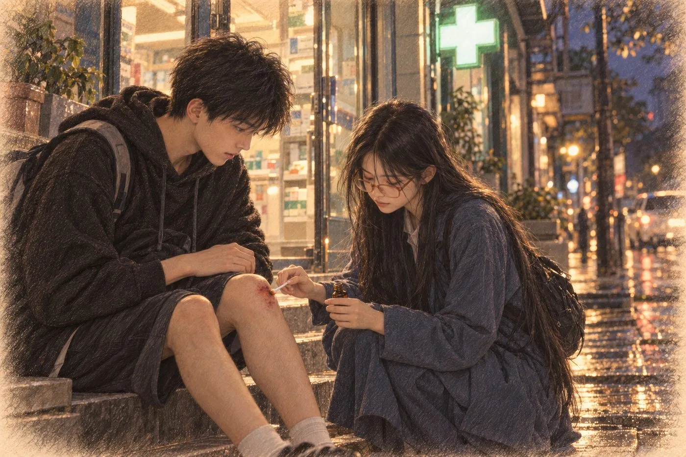 彩铅插画:药店门口的碘伏