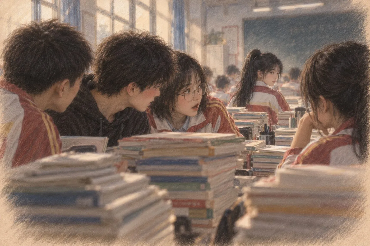 彩铅插画:书墙上的一眼