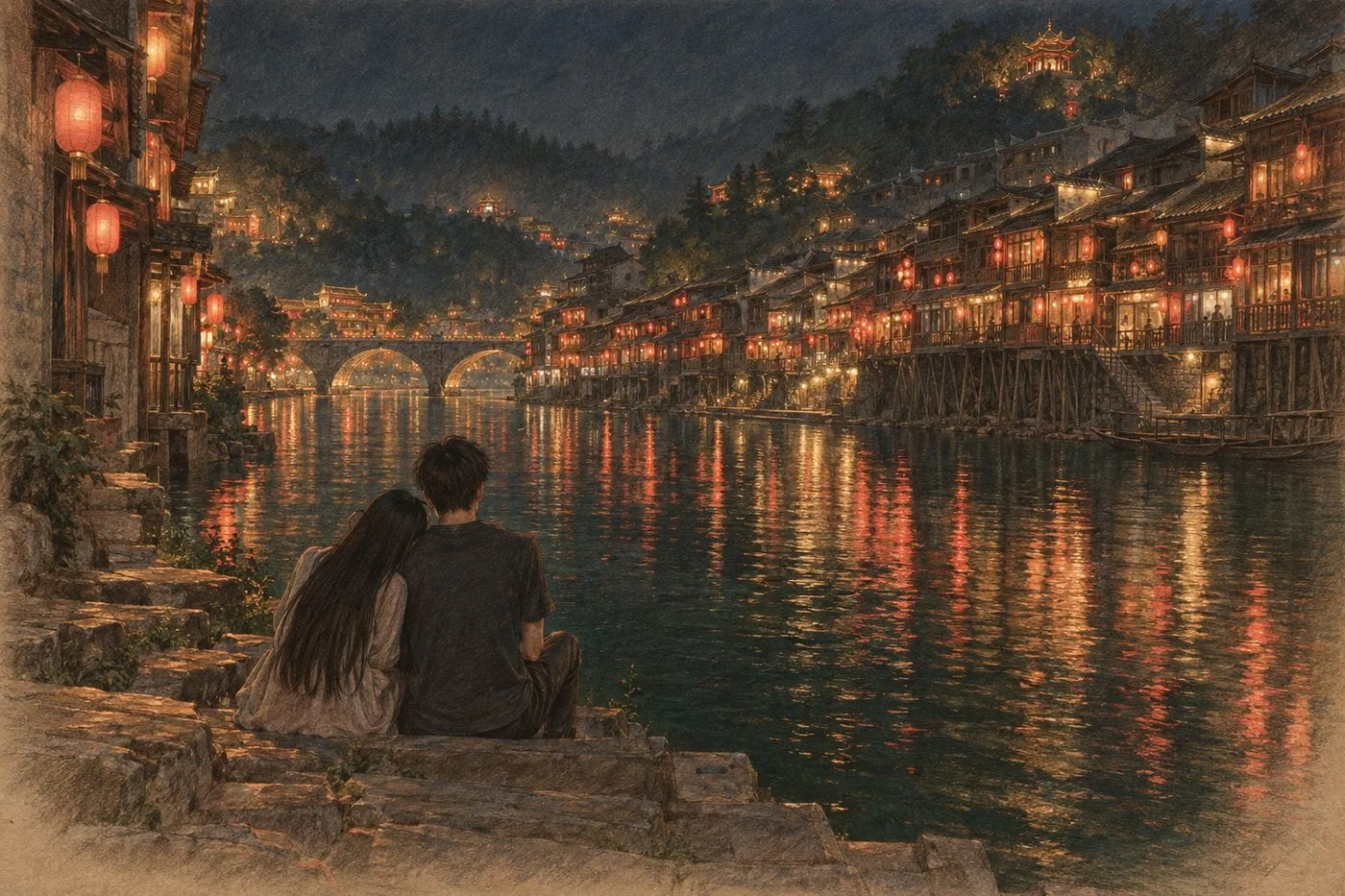 彩铅插画:镇远的石阶