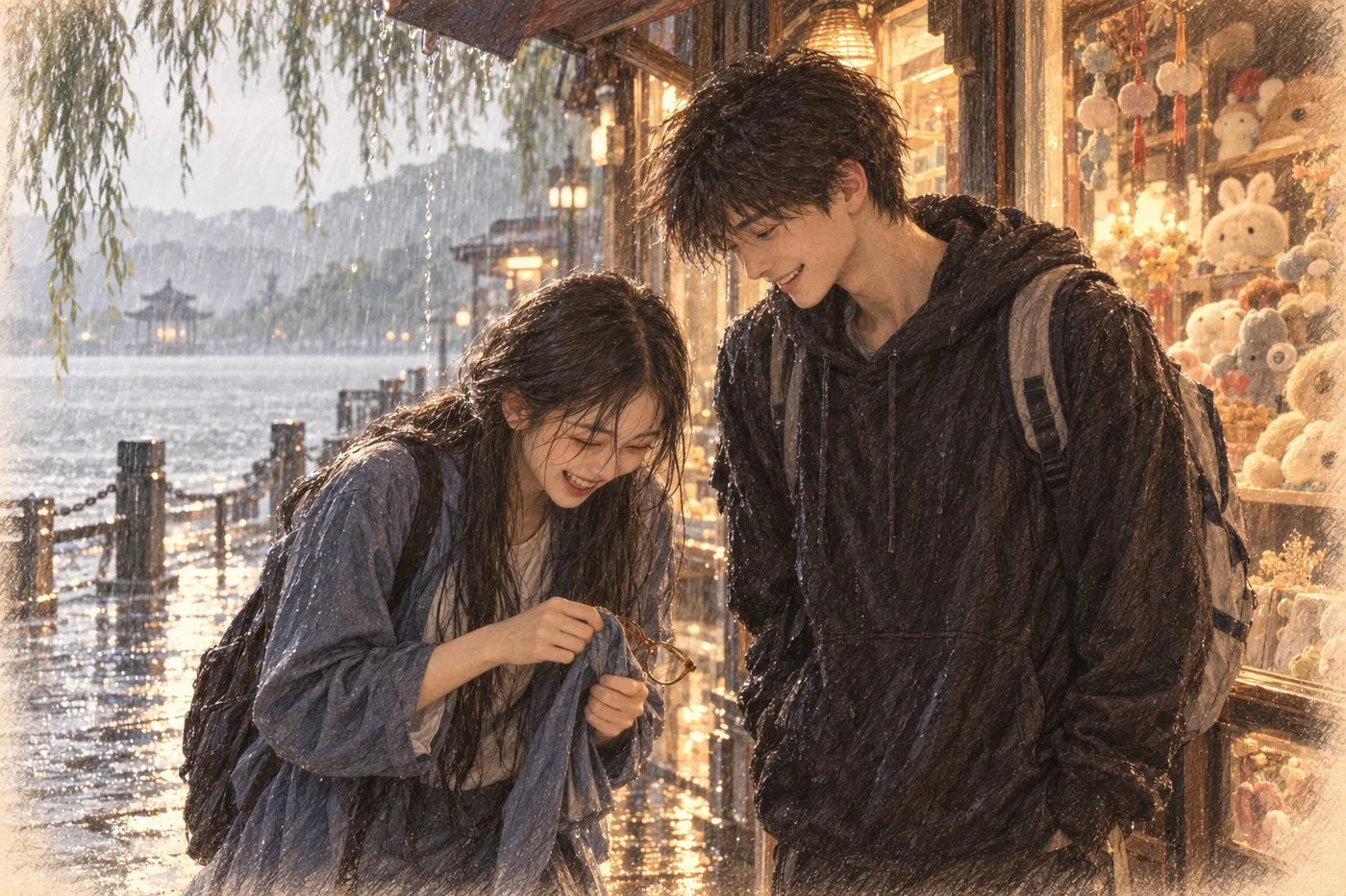 彩铅插画:西湖躲雨
