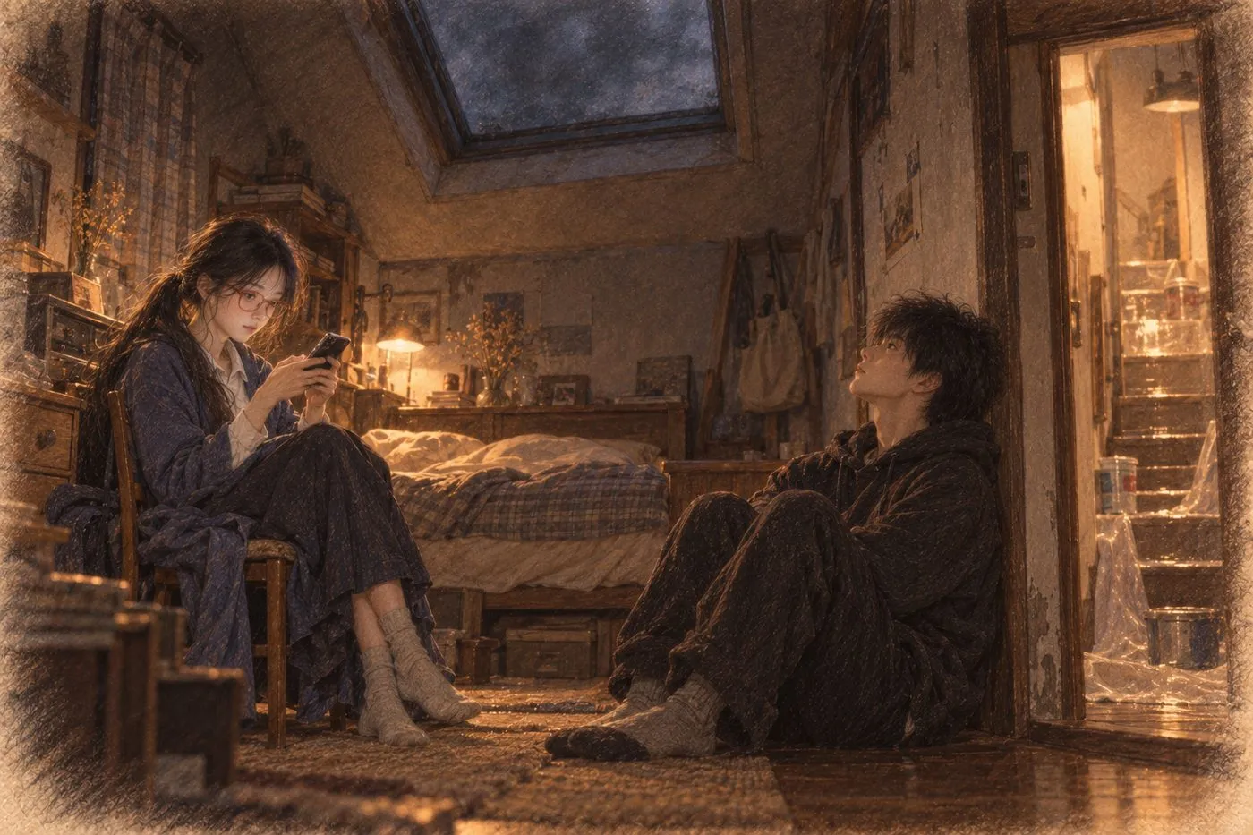 彩铅插画:看不见星星的天窗