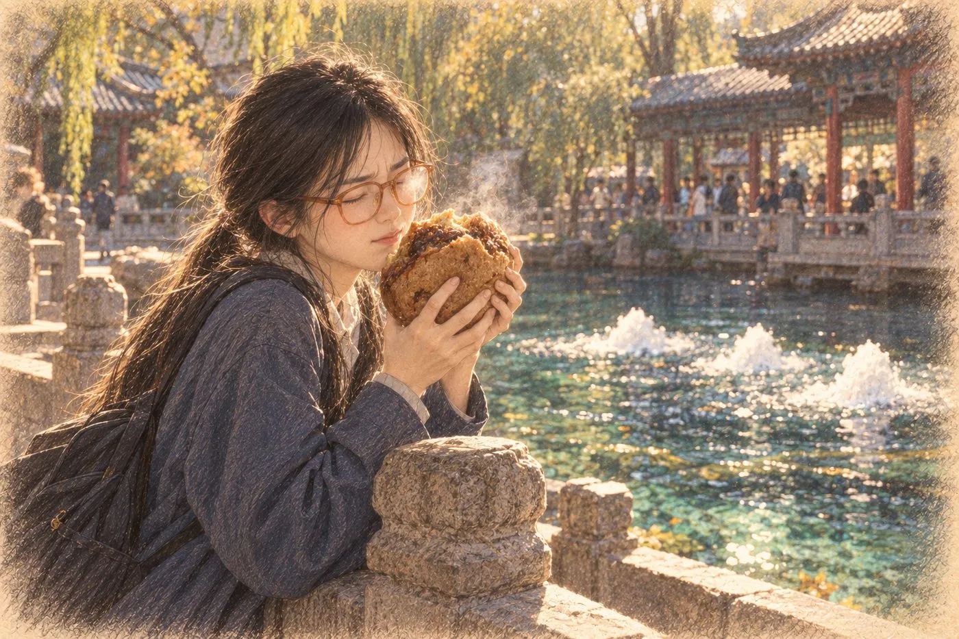 彩铅插画:趵突泉与红糖馒头
