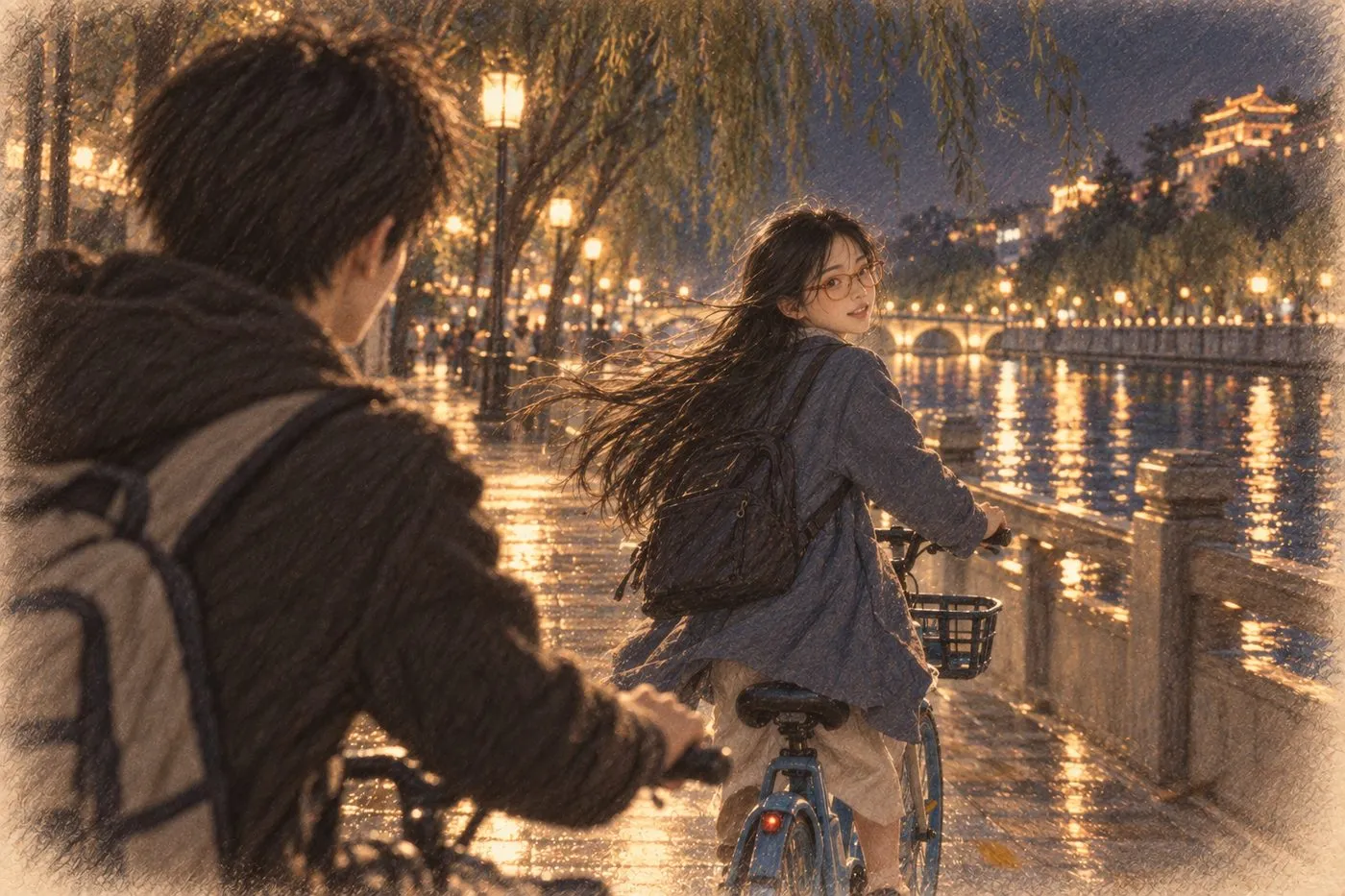 彩铅插画:护城河夜骑