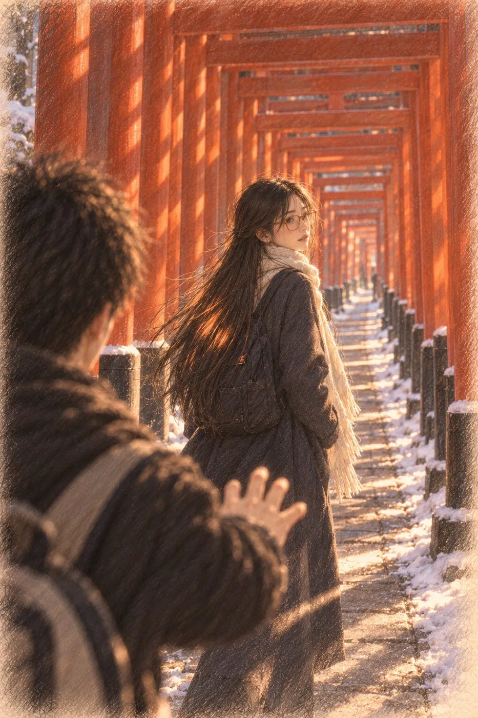 彩铅插画:鸟居隧道