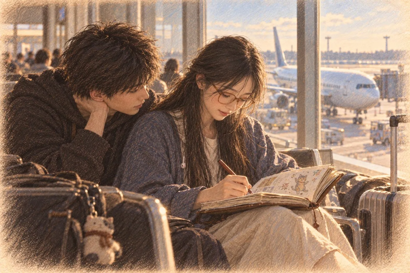 彩铅插画:成田候机厅