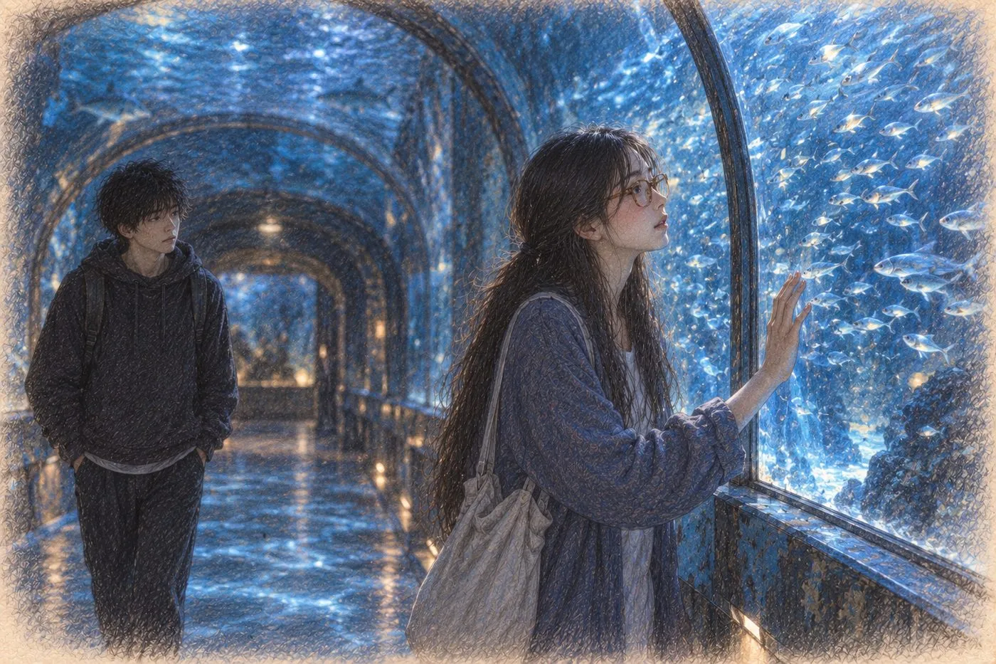 彩铅插画:蓝色隧道