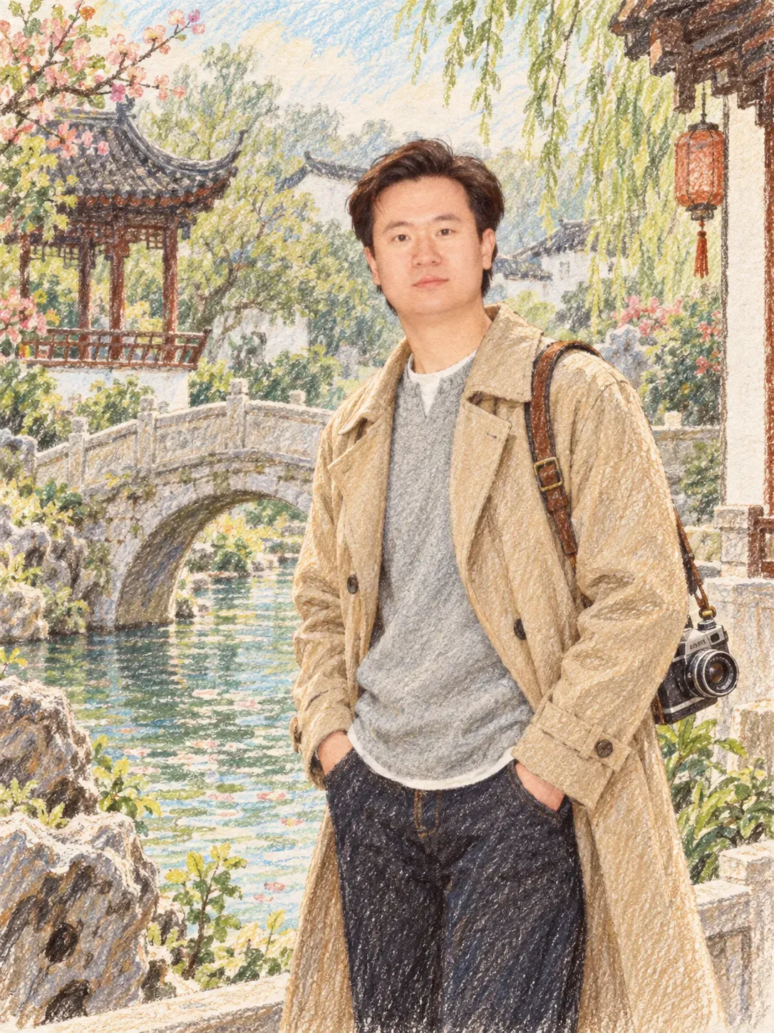 Tommy 的彩铅风格画像:身穿卡其色风衣、肩背相机,站在江南园林的石桥与池水边