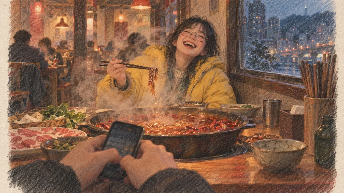 彩铅插画:热气腾腾的火锅店里,戴圆框眼镜、穿黄色羽绒服的女孩笑得前仰后合,前景是握着手机的手