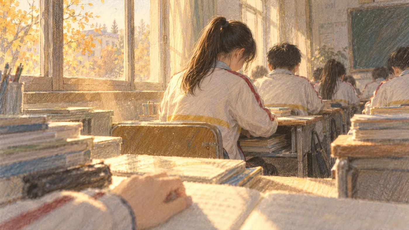 彩铅插画:秋日午后的教室,从后排望向斜前方扎高马尾的女生
