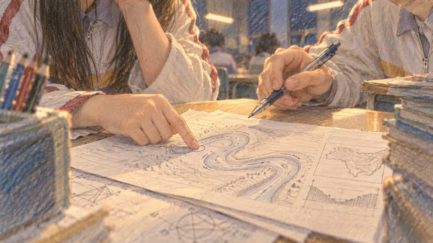 彩铅插画:晚自习的课桌上,一根手指点在地理卷子的河道弯处,旁边是握笔的手