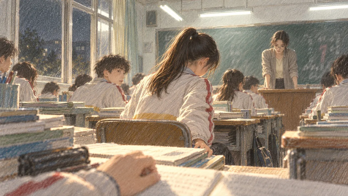 彩铅插画:高三晚自习,讲台边站着年轻的女老师,斜前方的女生侧着身子