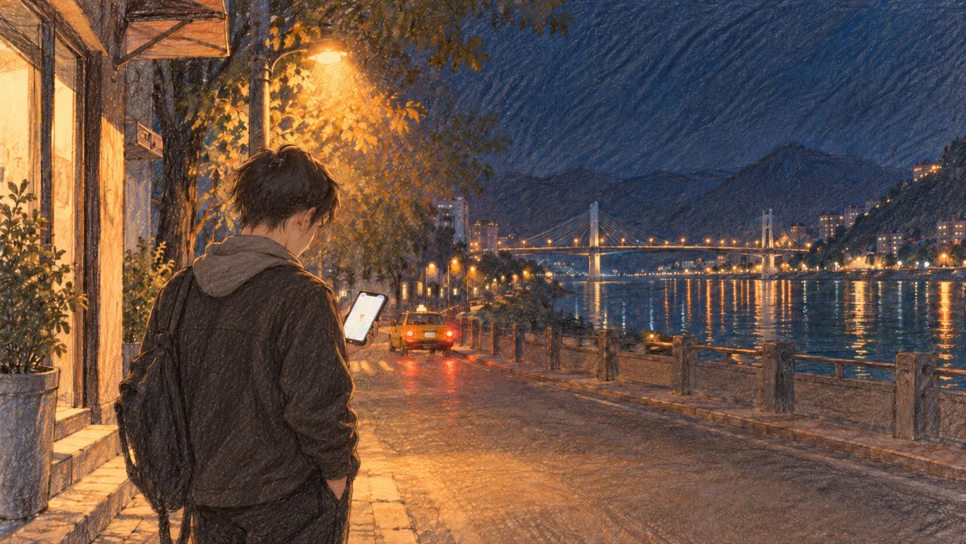 彩铅插画:夜里的江边马路,年轻人独自站在路灯下看手机,远处是大桥的灯光