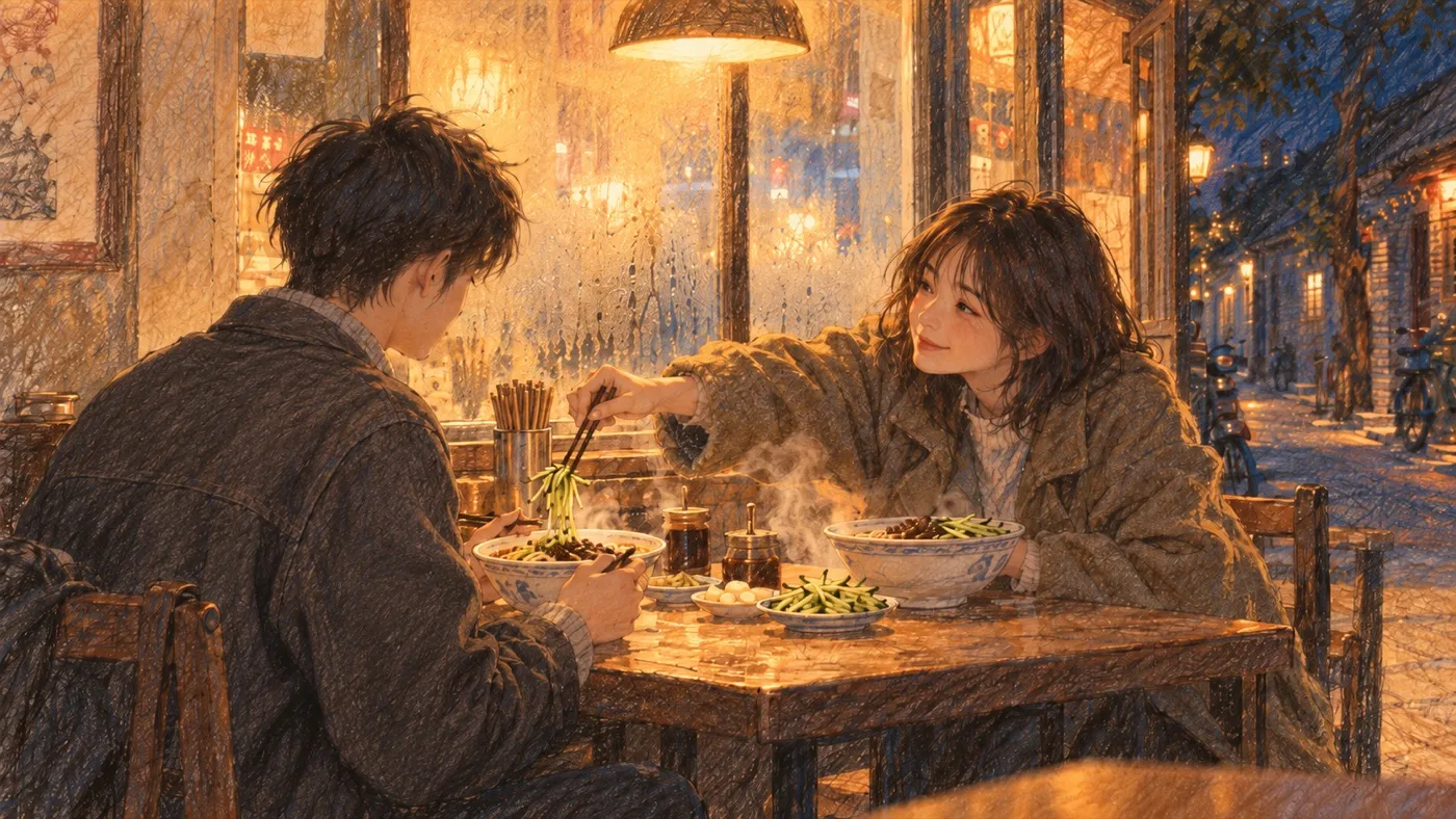 彩铅插画:胡同里的小面馆,女孩把碗里的菜夹给对面的男生