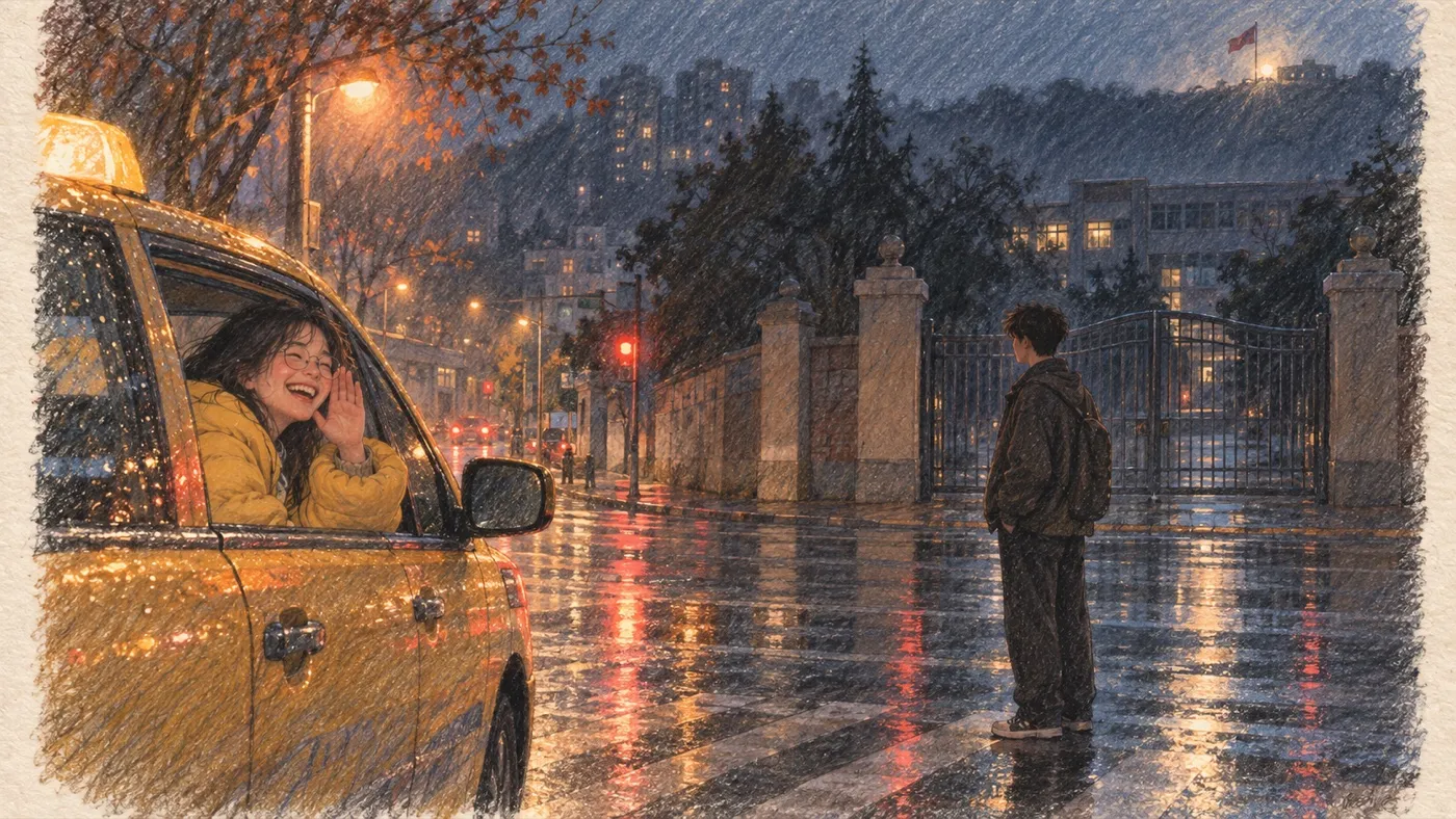 彩铅插画:雨后的冬夜,出租车里的女孩探出窗外,路口站着一个年轻人