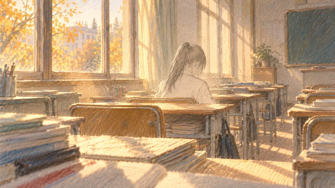 彩铅插画:傍晚空无一人的教室,靠窗的座位上只有一个淡淡的女孩轮廓