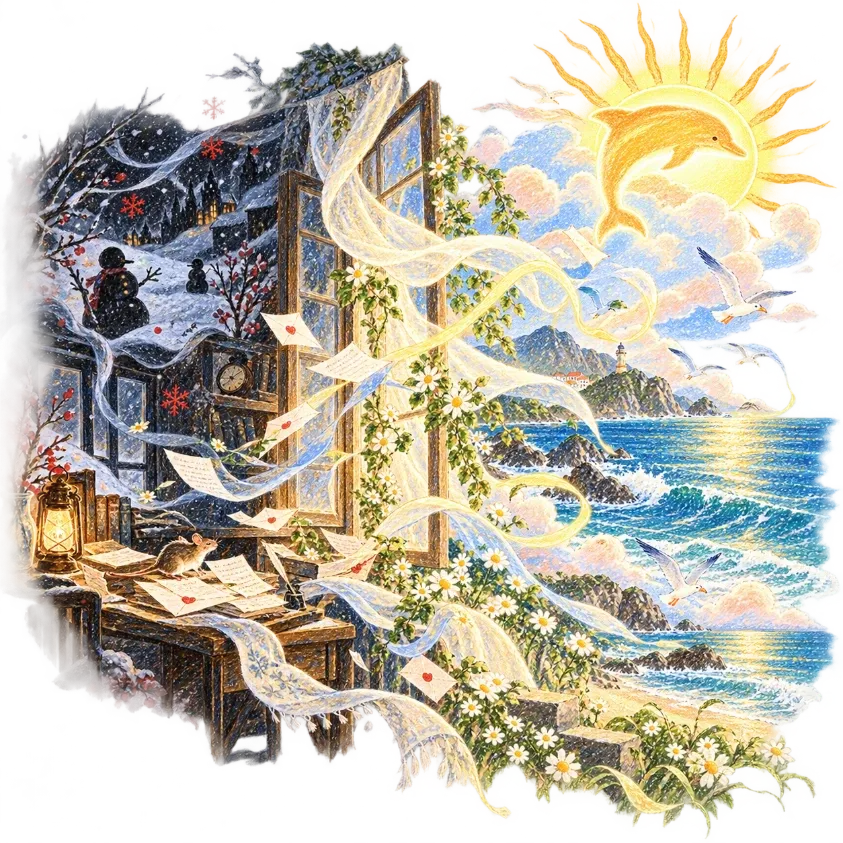 彩铅插画:左边是落雪的冬夜,书桌上散着信纸,窗外立着雪人;敞开的窗子另一边是夏天的海岸,海鸥飞过,太阳化作一只跃起的海豚