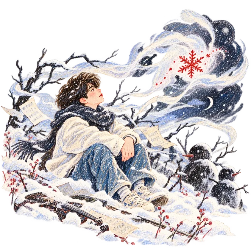 彩铅插画:围着围巾的少年坐在雪地里仰望,身旁是折断的提琴和散落的乐谱,远处立着通黑的雪人,夜空里飘着一片红色的雪花